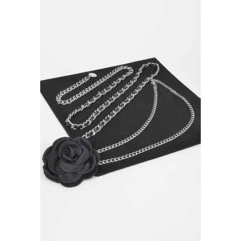 Womens Black Rose Chain‎ Belt Silver Multi Layered Waist Chain Fashion Accessory